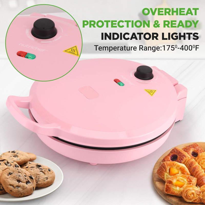 Nutrichef Countertop Pizza Maker - Non-Stick Electric Pizza Oven With Cool Touch Handle And Uplift Function, Includes Spatula (Pink)