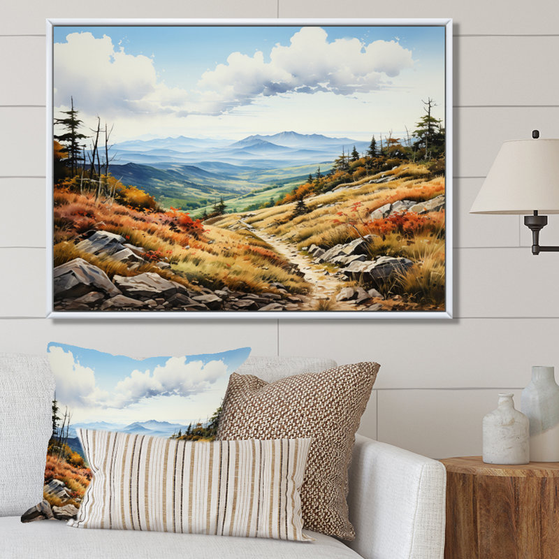 «Beige Blue Mountains Vista Vista», impression d'art mural, H 12 po x l 20 po x P 1 po, Cadre flottant blanc