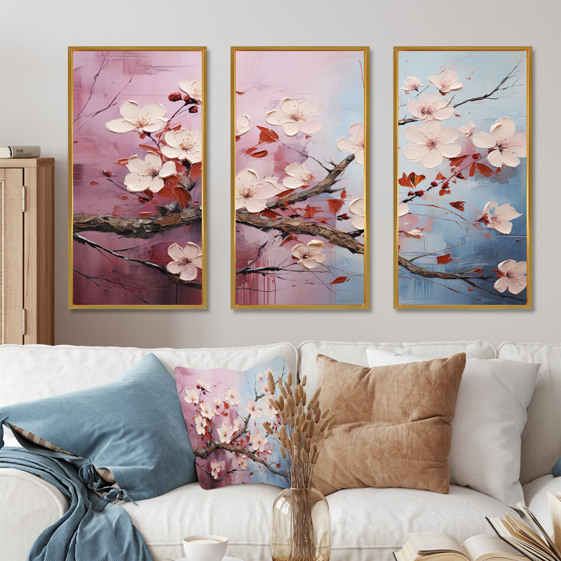 Ensemble de salon japonais art cerisier japonais I, Cadre flottant doré, H 40 po x l 60 po x P 1 po