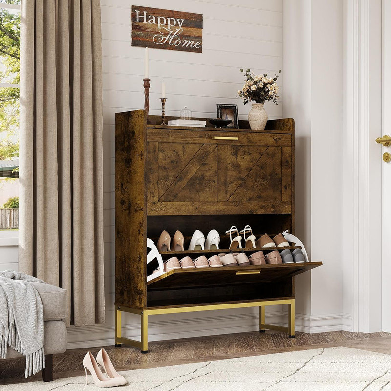 Shoe Cabinet for Entryway, Narrow Flip Drawer Shoe Storage with Adjustable Shelves & Dustproof Back Panel, Freestanding Organizer