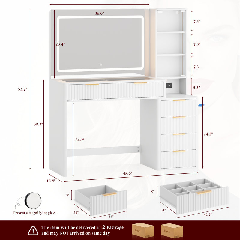 48"W Fluted Makeup Vanity Desk with 6 Drawers, Big Lighted Mirror, Glass Top, Power Outlet & Adjustable Shelves, White