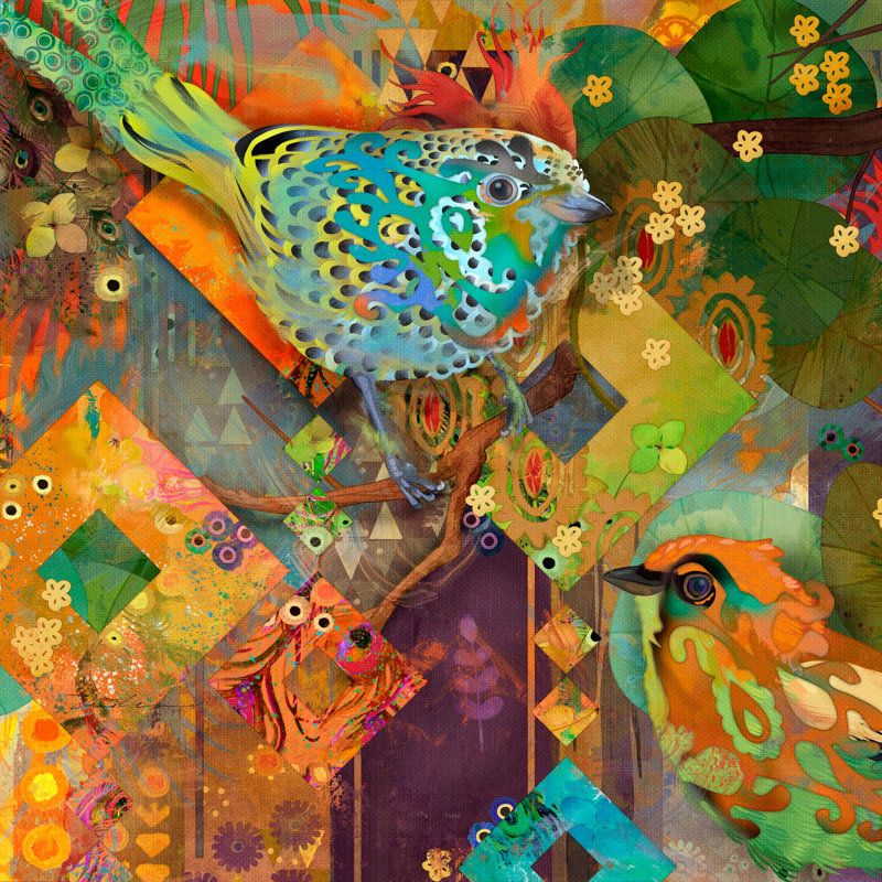 « tanagra rehaussée oiseaux », reproduction d’art sur toile tendue, H 18 po x l 18 po x P 1,5 po