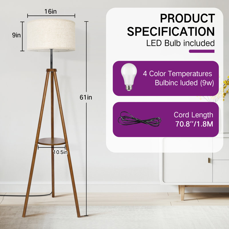 156cm Walnut Tripod Floor Lamp