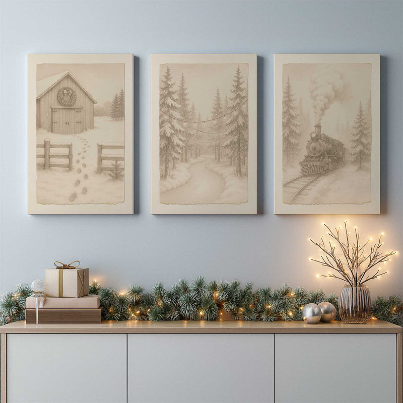 Pathway to Christmas Set of 3 Canvas Prints, 19" H x 39" W, Framed Print without Mat, Satin Black