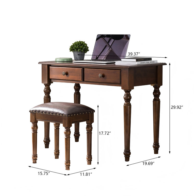 Bureau d'écriture rectangulaire en bois massif 39,37 "à 2 tiroirs, H 29,92 po x l 39,37 po x P 19,69 po