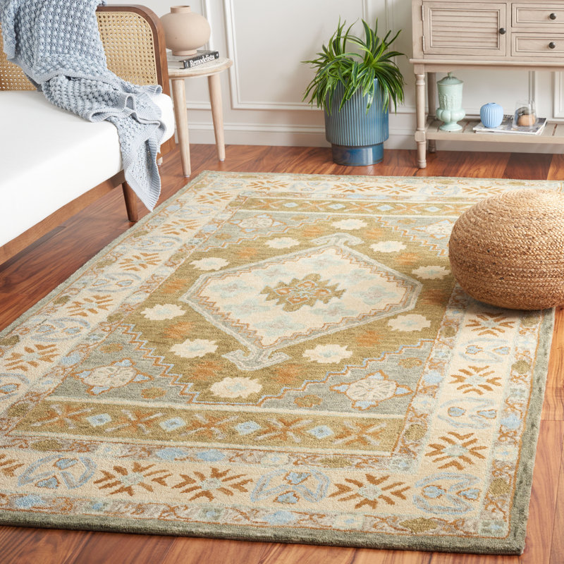 Tapis oriental en coton touffeté à la main ivoire / bleu clair Marcous, Rectangle 5 pi x 8 pi