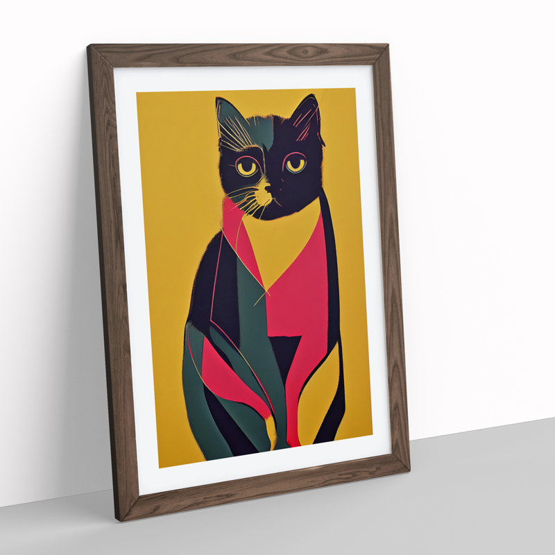 Colourful Cat No.4 Abstract - Wall Art, 36cm H x 27cm W x 2cm D, Walnut Framed, White