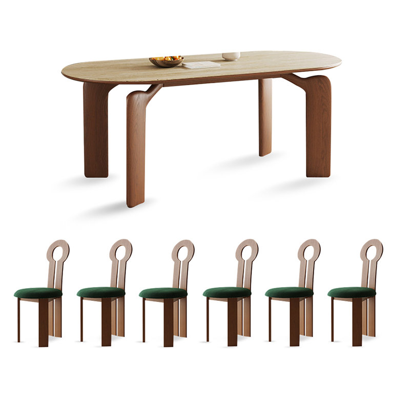 Ensemble de table de salle à manger 6 personnes beige + brun en pierre frittée ovale + bois massif