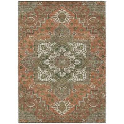 9' X 12' Rust Green And Brown Oriental Washable Indoor Outdoor Area Rug