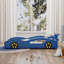 Lit de voiture de course en bois, lit plateforme simple en forme de voiture avec roues pour adolescents, bleu et jaune-391497517