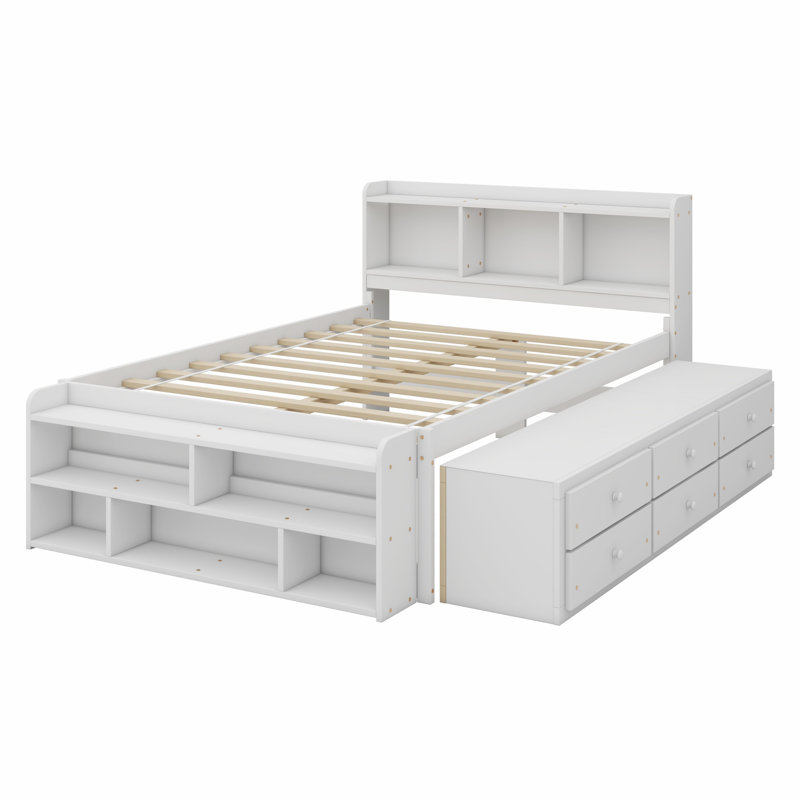 Lit avec tête de lit bibliothèque, tiroirs de rangement sous le lit et étui de rangement, Blanc
