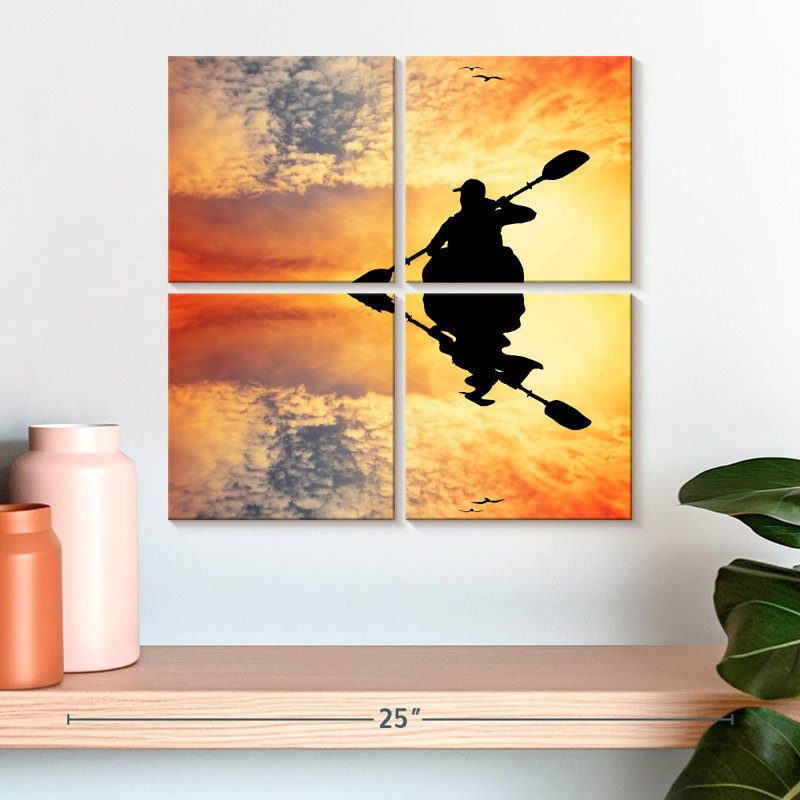 Silhouette de sirec kayaker au coucher du soleil, H 18 po x l 18 po