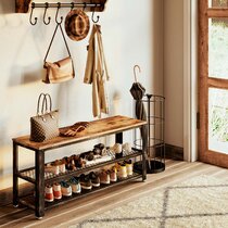 2 Tiered Shoe Rack, Vintage Metal Scrollwork and Burnt Wood Shoe