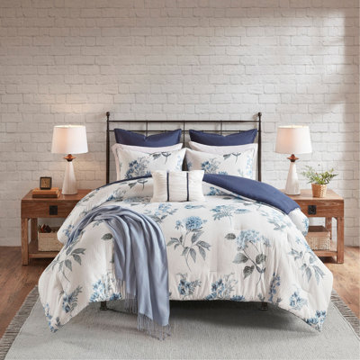 Ensemble d'édredon imprimé 7 pièces avec jeté en seersucker bleu
