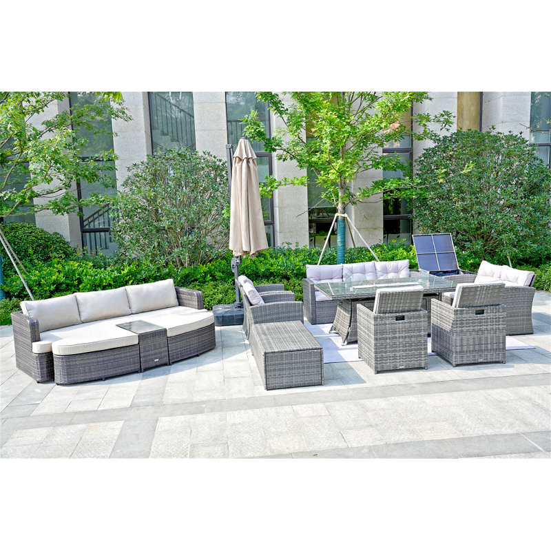 14 - Person Wicker Patio Dining Set with Rectangular Table , Cushions Included