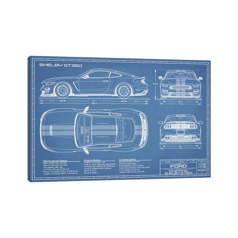 GT350 Shelby (2015-2019) Blueprint-impression de dessin, Pas de tapis, H 32 po x l 48 po x P 1,5 po, Toile tendue