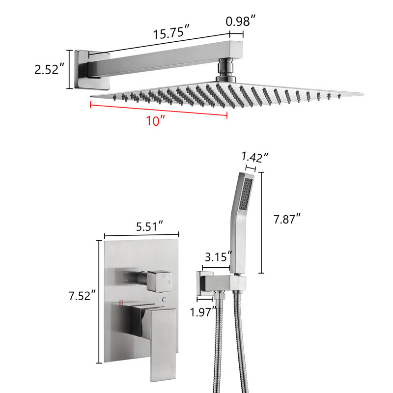 Système complet de douche à haute pression de 10 po avec valve brute, Nickel brossé