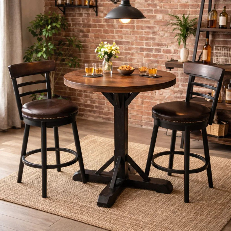 Table de salle à manger à hauteur de comptoir Becy, plateau rond brun de 48 po, base noire
