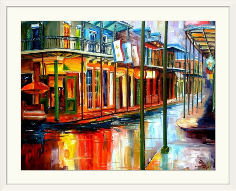 Bebe " Downpour On Bourbon Street " by Diane Millsap, 20" H x 24" W x 1" D, Black Framed
