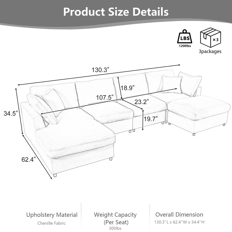 Grand canapé modulaire en forme de U de 130 po avec 2 repose-pieds mobiles, canapé modulaire en chenille 6 pièces avec structure en bois massif, sièges spacieux pour le salon