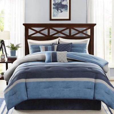 Édredon en microsuède 7 pièces - bleu marine pour très grand lit, détails plissés, très grand lit, 1 édredon, 3 taies décoratives