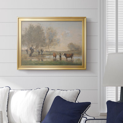 «Cows in a Marshy Landscape» par Jean-Baptiste-Camille Corot, toile tendue avec châssis, v. Milieu du 19e siècle