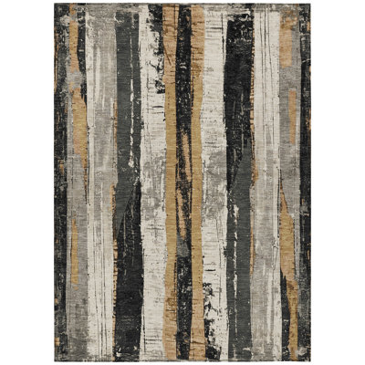 10' X 14' Taupe And Gold Striped Washable Indoor Outdoor Area Rug