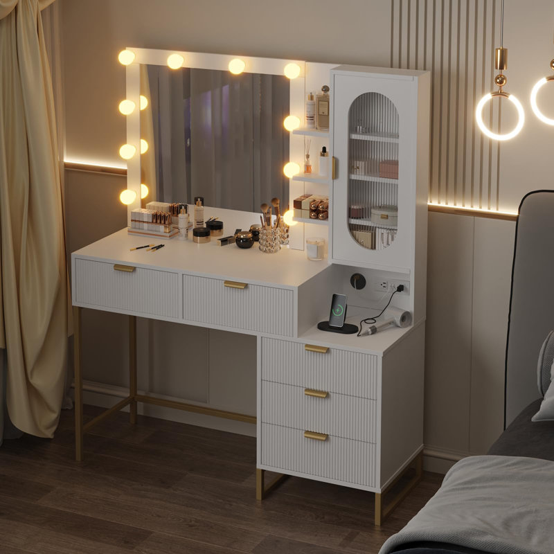 Bureau de meuble-lavabo avec miroir et 3 lumières colorées - meuble-lavabo de maquillage moderne de 45,3 po avec 5 tiroirs de rangement et prise de courant, adapté à la chambre à coucher