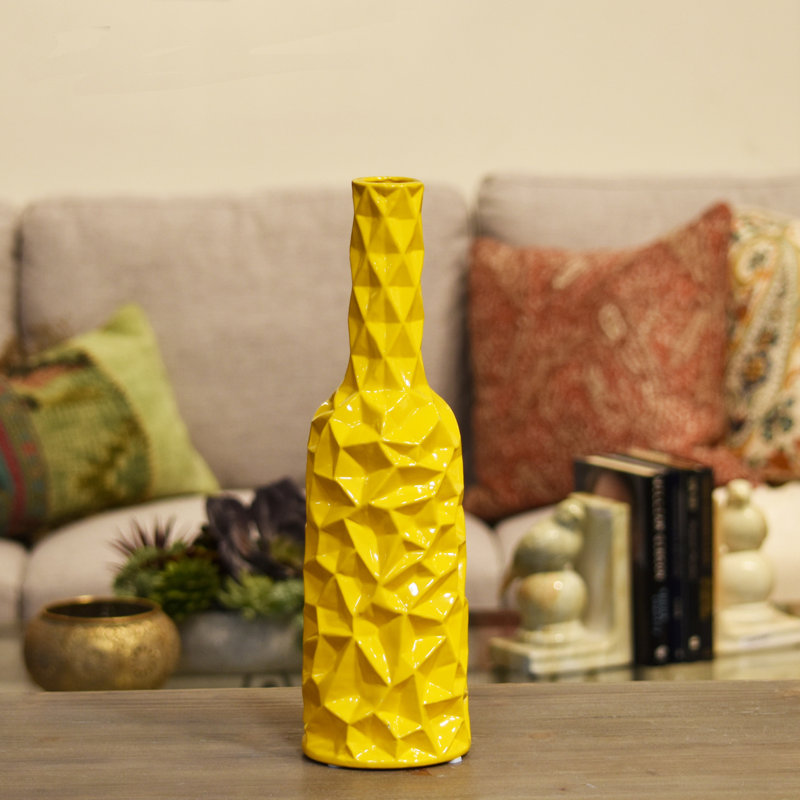 Urban Trends Wrinkled Ceramic Round Bottle Vase - Yellow 12"