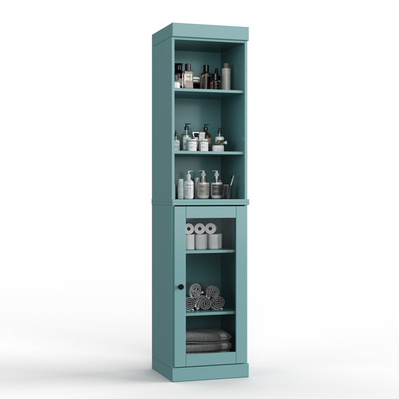 Armoire de rangement 100% bois massif 16,5 po avec portes en verre transparent et tablettes réglables, Bleu aqua