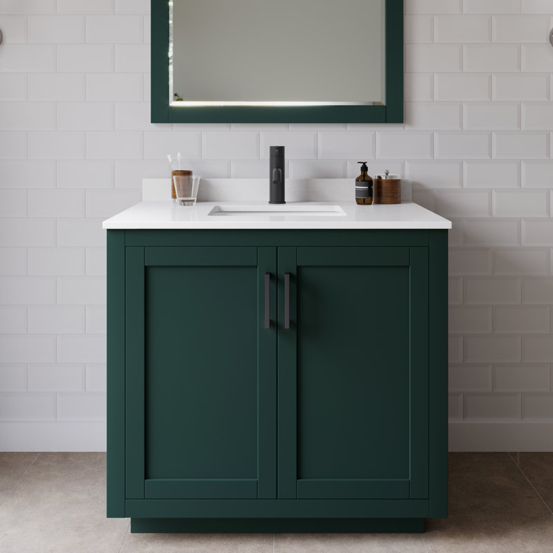Ensemble de meuble-lavabo simple 36 po avec plateau en marbre de culture Miranda, Marbre de culture blanc, Vert, Noir mat