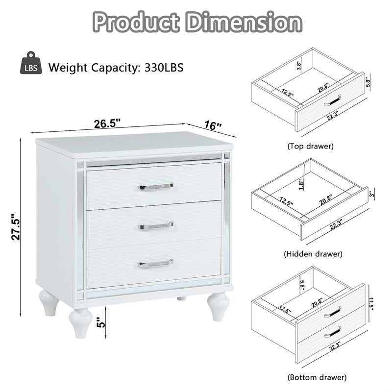 Nightstands With Mirror Frame Accents, Bedside Table With Two Drawers And One Hidden Drawer, End Table With Crystal Pull