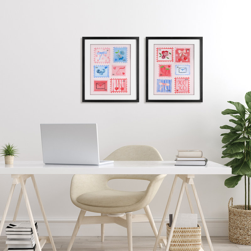 Adorable timbres bleu et rose, ensemble de 2 reproductions encadrées sous verre, design par Nina Jacobs, H 16 po x l 13 po