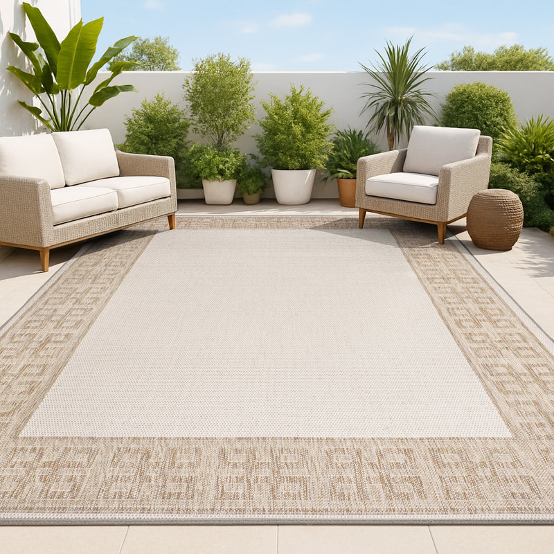 Kyona Classic Geometric Border Cream/Beige Indoor/Outdoor Rug, Rectangle 2'11" x 4'11"