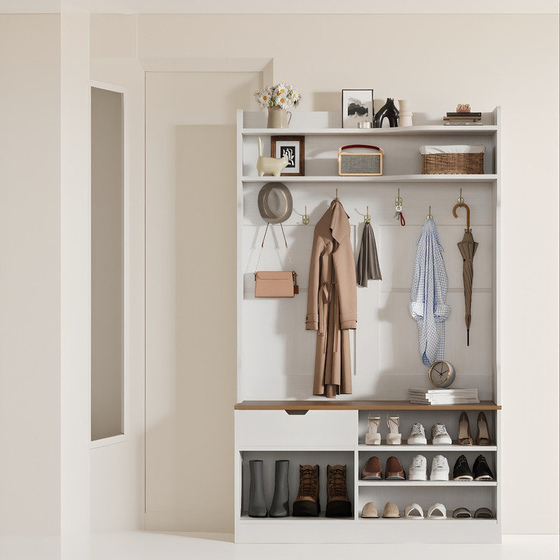 Farmhouse Entryway Hall Tree with Bench & Shoe Storage – 7 Double Hooks, Drawer & Cabinet, White