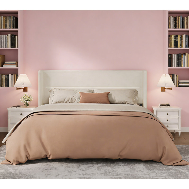 Lit plateforme tapissier en velours, Beige, Grand lit
