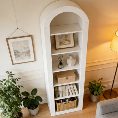 Arched Tall Bookcase - Modern Farmhouse 5-Tier Narrow Bookshelf With Curved Top - White Wood Library Shelving Unit For Living Room, Bedroom Or Entrywa
