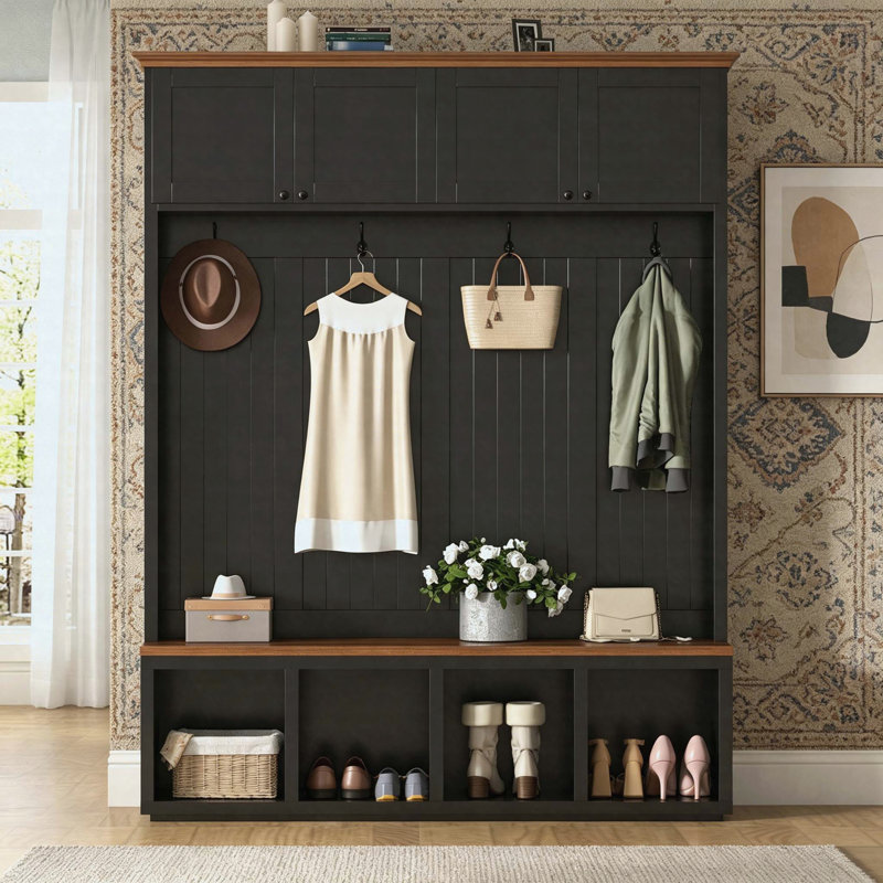 Hall Tree MDF Entryway Storage Bench with Cabinets, Open Cubbies & Coat Rack Hooks, Farmhouse 4-in-1 Hall Tree for Living Room & Mudroom