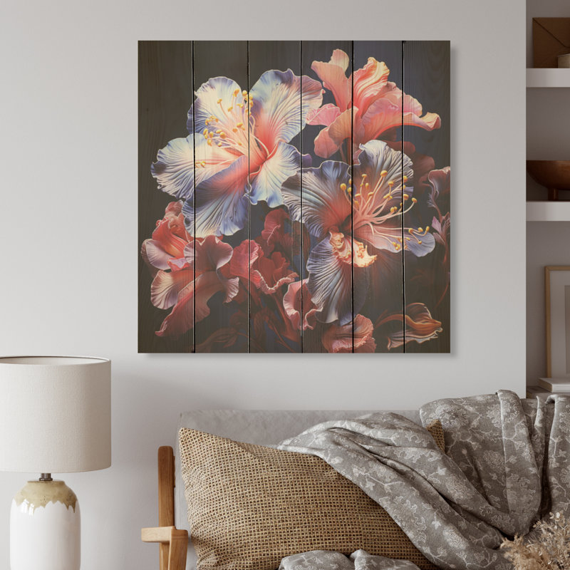 Coris et mauves iris Nocturnal Whispers - Art mural en bois d'iris sur bois de pin naturel, H 30 po x l 30 po