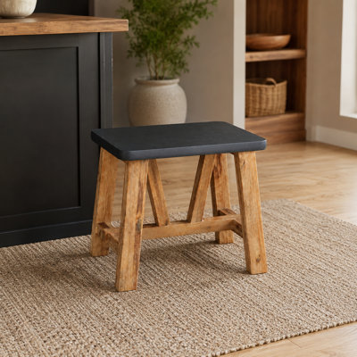 Ingatestone Modern Rustic Indoor/Outdoor Dark Grey Backless Concrete Fiber Dining Stool With Acacia Wood Base