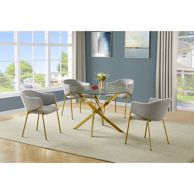 Ensemble de salle à manger rond en verre avec 4 fauteuils en lin, Gris / or