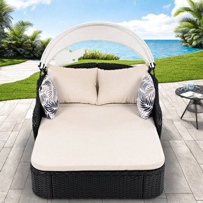 Lit de bronzage d'extérieur avec auvent réglable, coussins, rotin pe et accoudoirs courbés