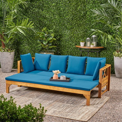 Canapé d'extérieur extensible 3 places en bois d'acacia, canapé rembourré, méridienne, méridienne spacieuse et méridienne de patio