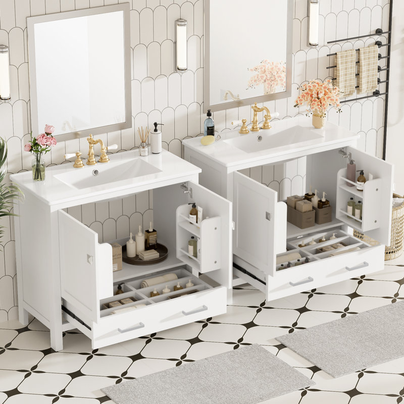 Ensemble de meuble-lavabo double autoportant 72 po avec lavabo en céramique et tiroir divisé Annora, Blanc