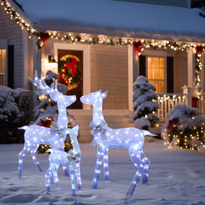 3-Piece Lighted White Deer Family Outdoor Christmas Holiday Decoration with Silver Bow & Ornaments