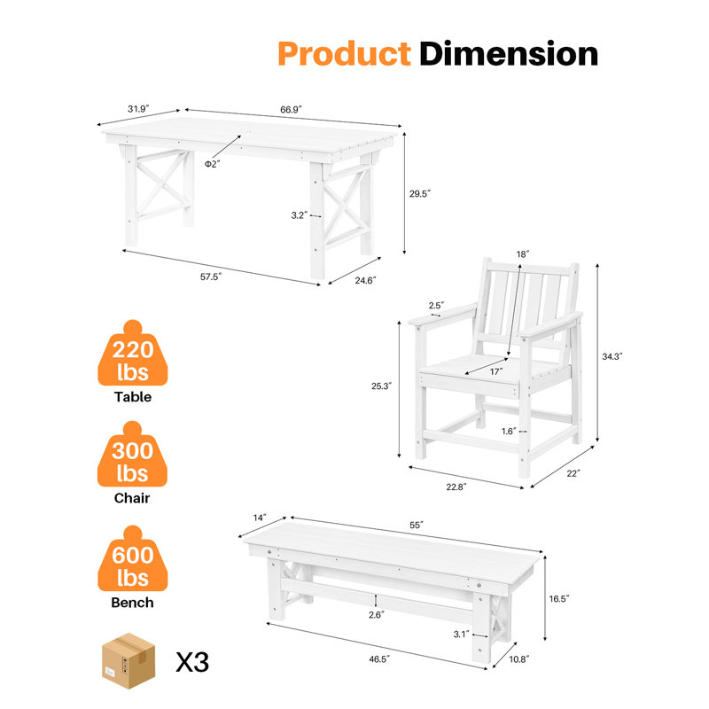 HDPE Outdoor Dining Set Of 6, Patio Dining Table Set With 4 Chairs And 1 Bench, 6 Pieces HDPE Dining Set With Umbrella Hole, Outdoor Furniture Sets For Deck, Poolside, Garden