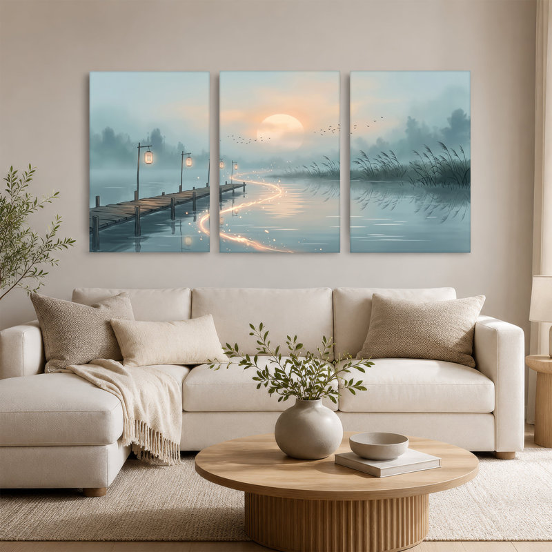 Misty Lake Dock, ensemble de 3 toiles avec lanternes en papier et oiseaux volants, 18"H x 12"W x 3pcs