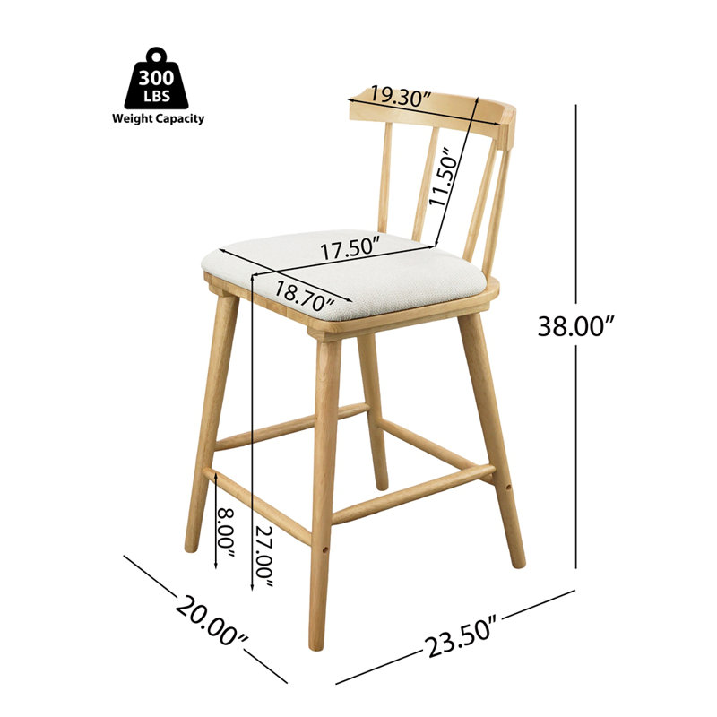 Olivia Indoor Wooden Upholstered Counter Stool, Natural Finish with Beige Upholstery, Windsor Style, Set of 2, Beige