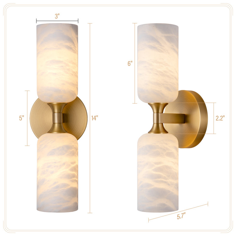 Aleinah 14" Modern Alabaster Mirror Vanity Gold Wall Sconces(Bulbs Included), Brass
