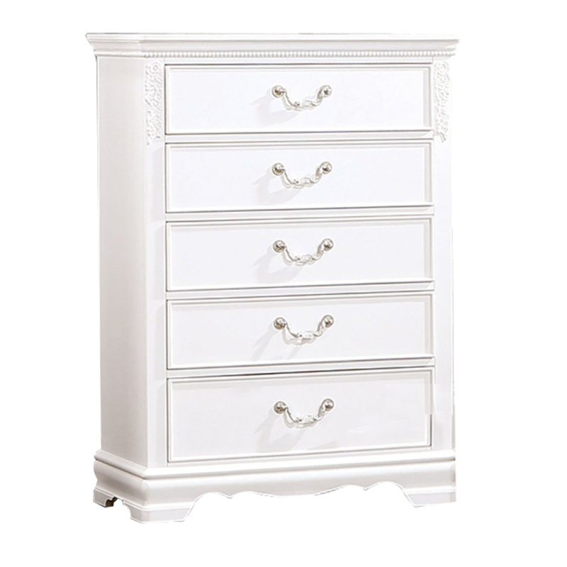 Commode haute 48 po Alci, 5 tiroirs, bois sculpté, nickel, blanc